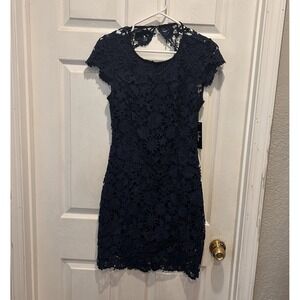 NWT Lulus Full Circle Navy Blue Lace Backless Mini Dress Size M Cocktail Wedding